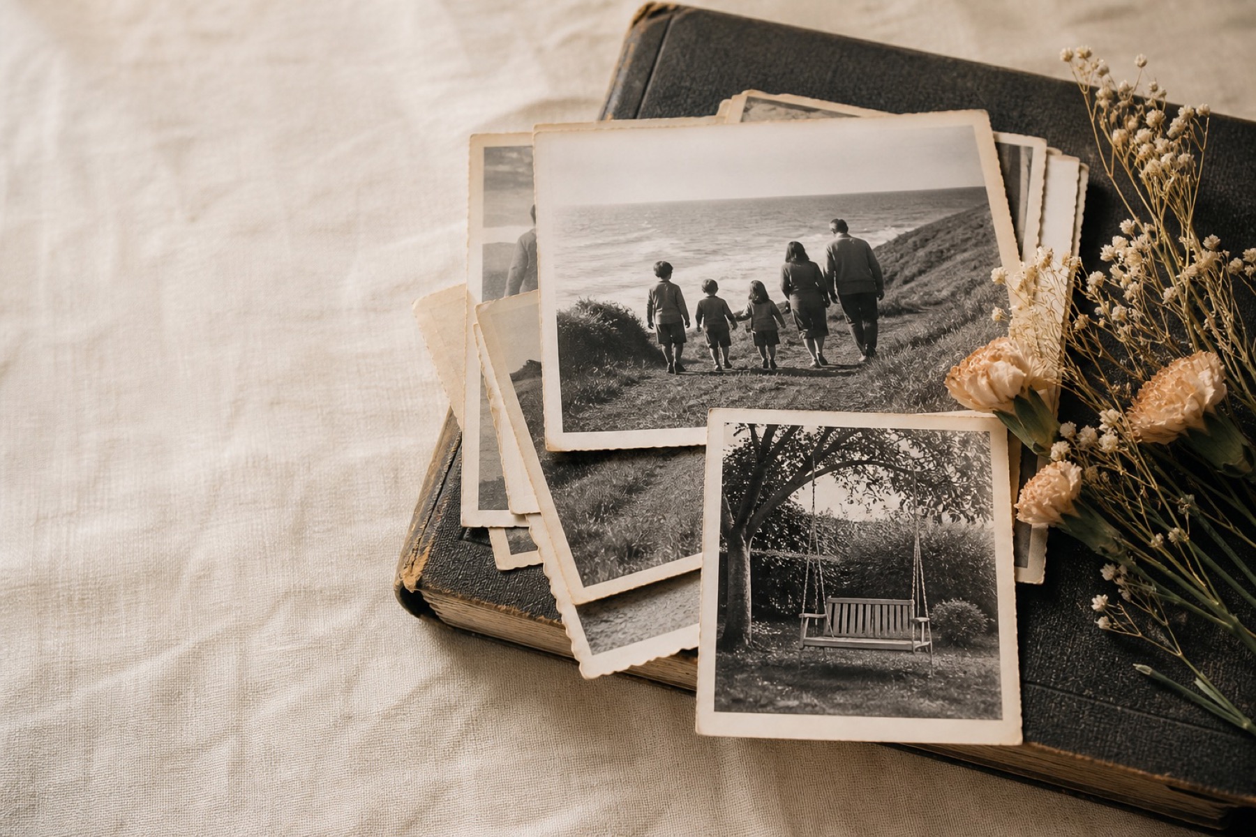 Vintage family photographs resting on an old album